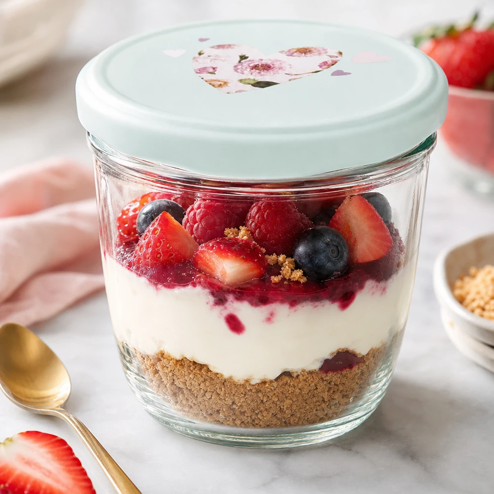 Verres de 230 ml + couvercle BasicSeal cur menthe UNiTWIST Dessert aux fruits rouges en pot renversé de 230 ml avec couvercle en forme de cœur BasicSeal menthe, dessert stratifié au yaourt et aux fruits frais