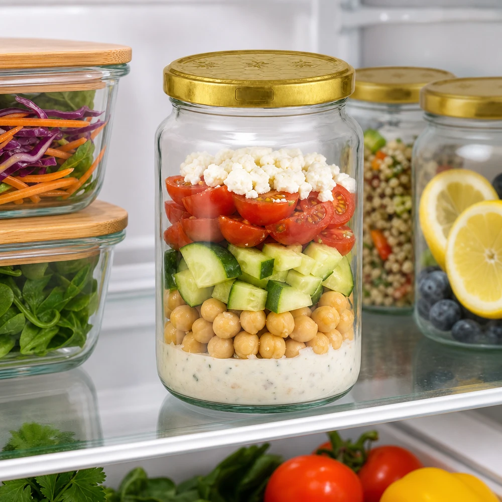 Pot rond de 795 ml avec couvercle doré pour la salade Meal Prep au réfrigérateur - parfait pour les provisions