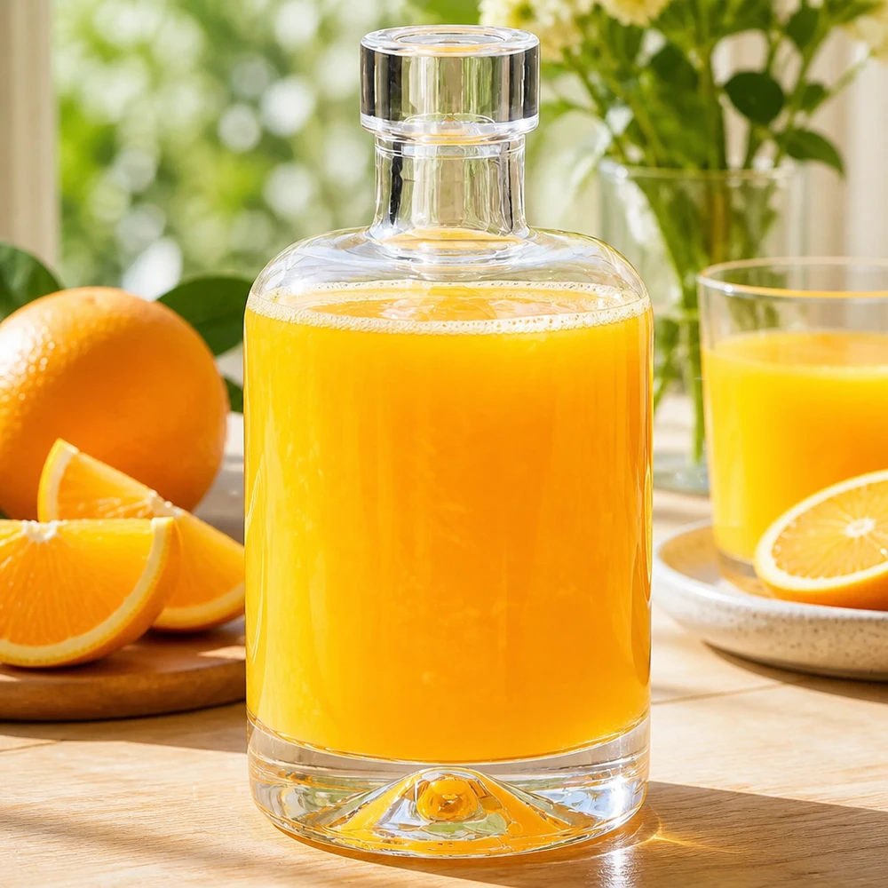 Flacon en verre 50 ml « 50ml Glasflasche "Amelie" ohne Verschluss UNiTWIST » sans bouchon UNiTWIST® Bouteille en verre Amélie de 50 ml remplie de jus d'orange à côté d'oranges fraîches montre l'utilisation pour les jus de fruits et les smoothies