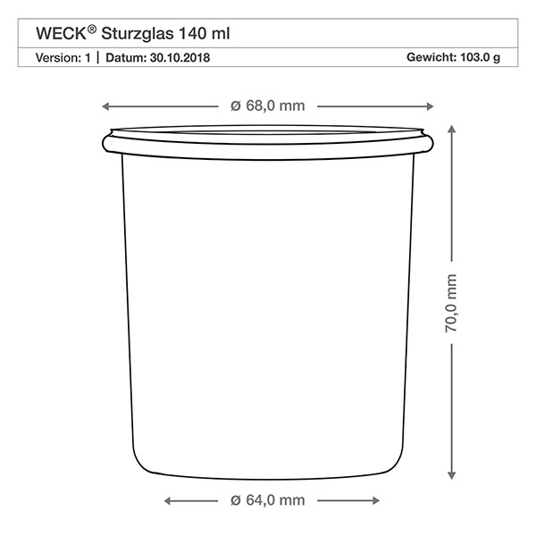 Mini bocal conique WECK 140 ml complet avec cuillère à miel et nud WECK Verre renversé 140ml Dessin technique Dimensions Diamètre 68mm Hauteur 70mm Spécification du produit
