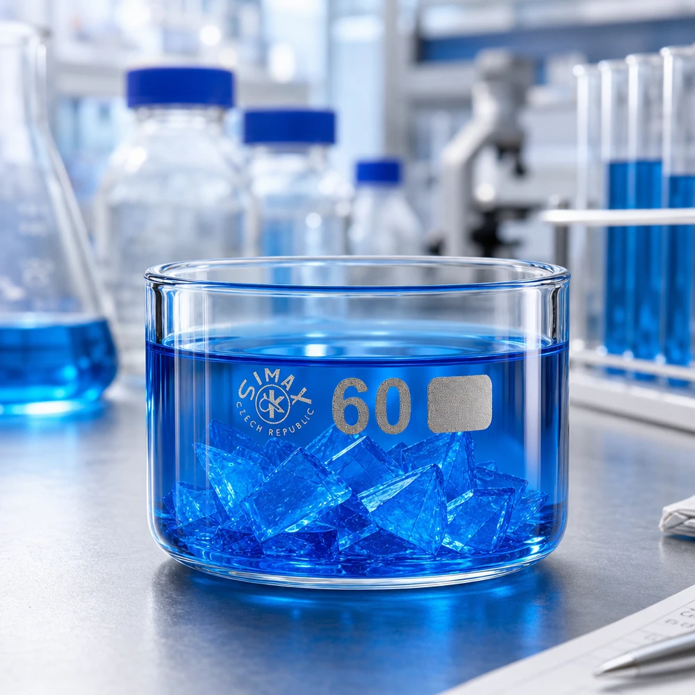 Coupelle de cristallisation Simax de 60 ml contenant une solution bleue et des cristaux, posée sur une paillasse de laboratoire