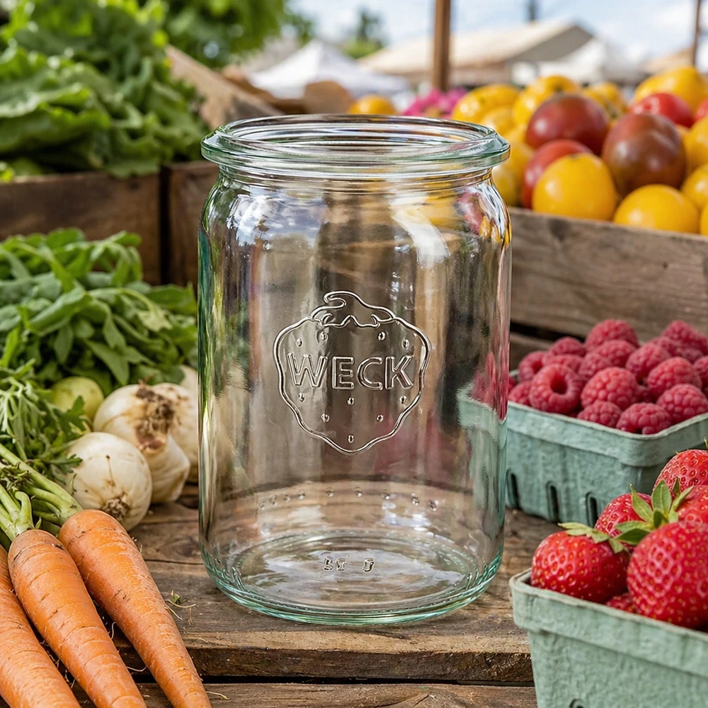 WECK RR40 Pot cylindrique 145ml présenté sur un stand de marché parmi des carottes fraîches, des fraises, des framboises et des légumes multicolores.