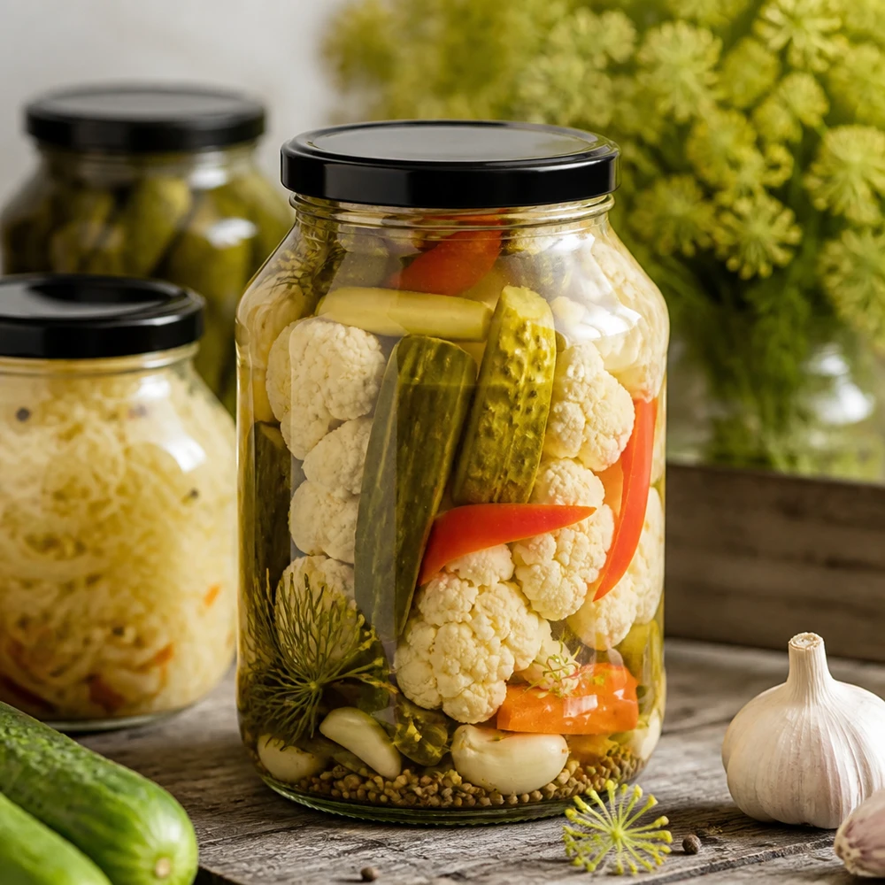 Pot de conserve 2650ml avec couvercle noir rempli de légumes marinés Concombres Chou-fleur sur table en bois