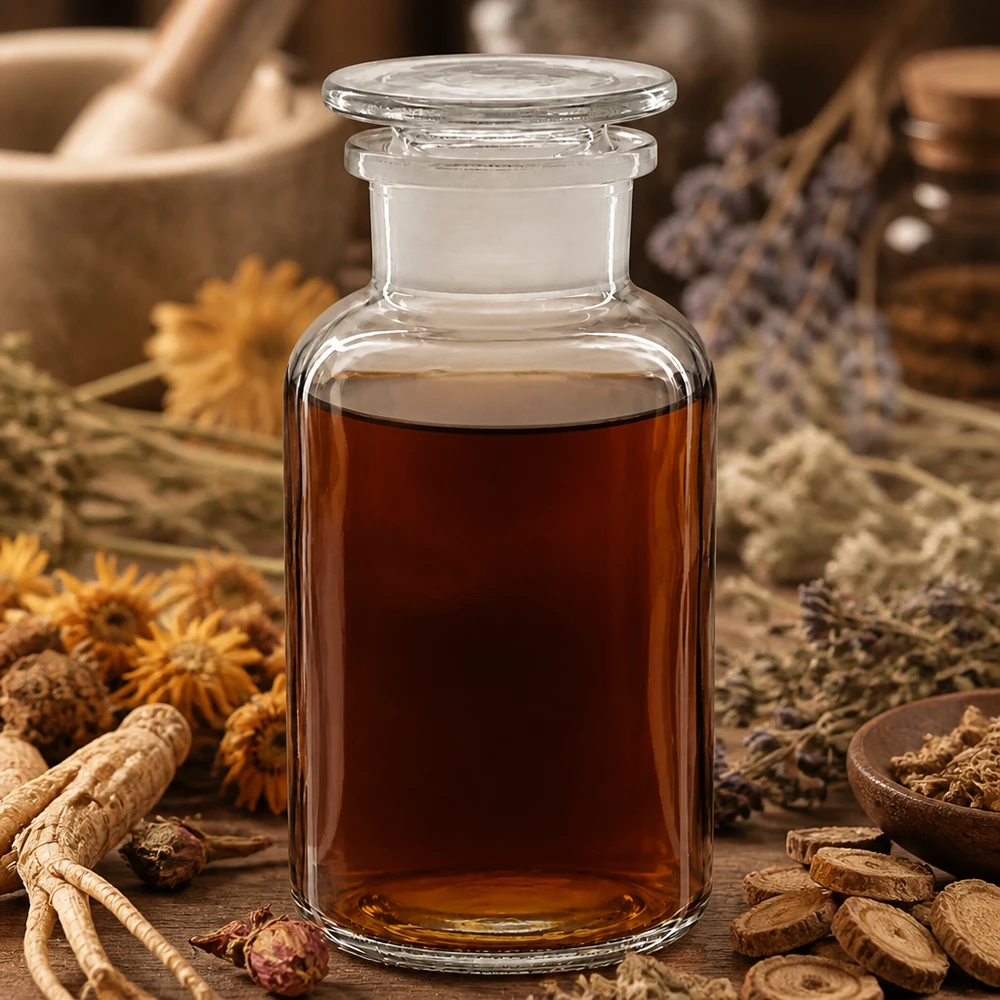 Flacon pharmaceutique 500 ml col large + bouchon verre clair Bouteille transparente à épaules arrondies de 500 ml avec bouchon en verre, à côté d'un mortier, de lavande et de racines posées sur du bois