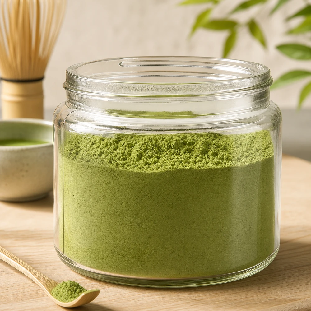 Pot en verre 250ml clair rempli de poudre de Matcha vert à côté d'un fouet en bambou sur une table en bois Préparation du thé