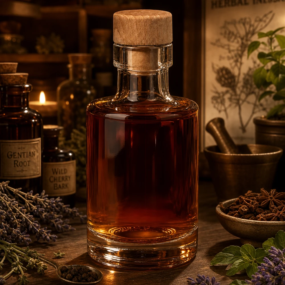 Flacon en verre Marie de 100 ml avec bouchon en bois rempli de teinture brune dans une ambiance de pharmacien avec des herbes et des épices