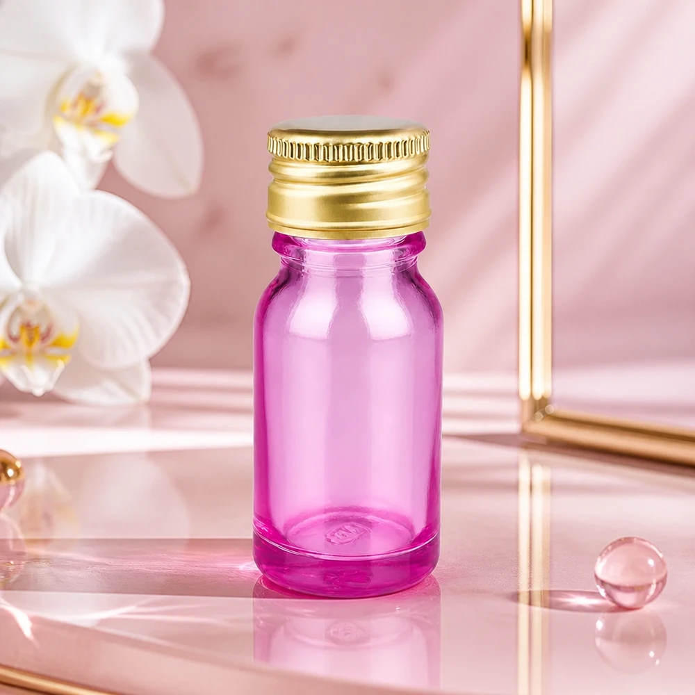 Bouteille 10ml 11mm bouchon à vis alu-or standard PurpleLine. UT18/10 Flacon de 10 ml en verre violet anti-UV avec bouchon refermable en or et aluminium