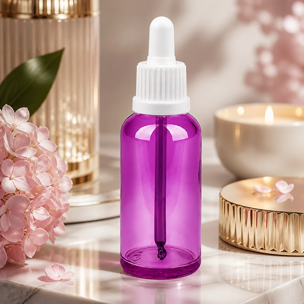 Flacon pipette 50ml blanc originalité bouchon à vis PurpleLine UT18/50 Bouteille compte-gouttes de 50 ml au design moderne pourpre pour une conservation élégante des liquides