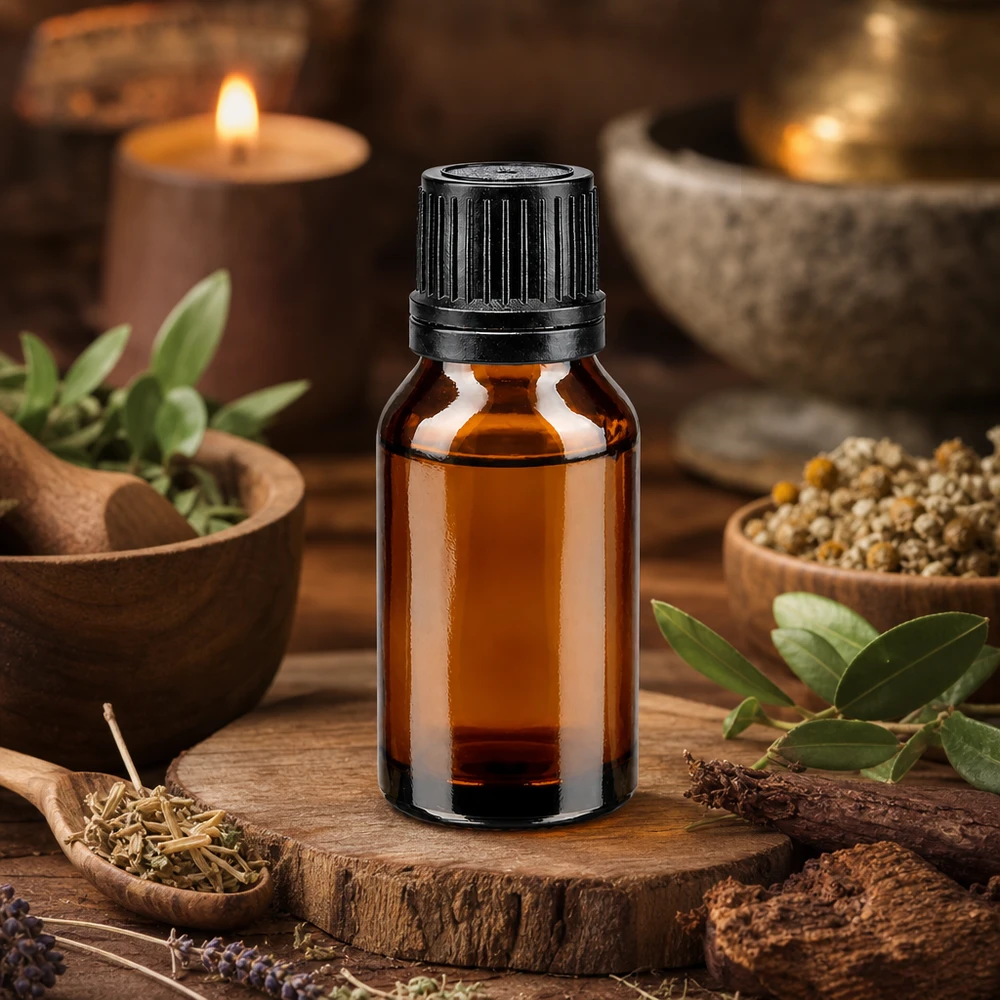 Flacon de pharmacie brun 15ml bouchon compte-gouttes 1mm noir bouchon inviolabilité Herbes aromatiques et flacon de pharmacie brun de 15 ml muni d'un bouchon compte-gouttes noir sur socle en bois