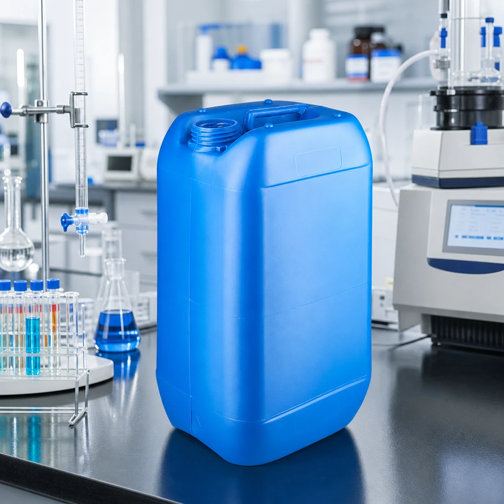 Bidon rectangulaire en plastique de 15 L, de couleur bleue, avec poignée encastrée et goulot à vis ouvert