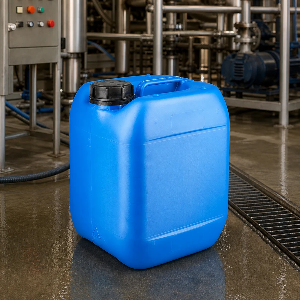 Bidon en HDPE de 5 L, adapté au contact alimentaire, bleu, avec un bouchon à vis noir et une poignée latérale
