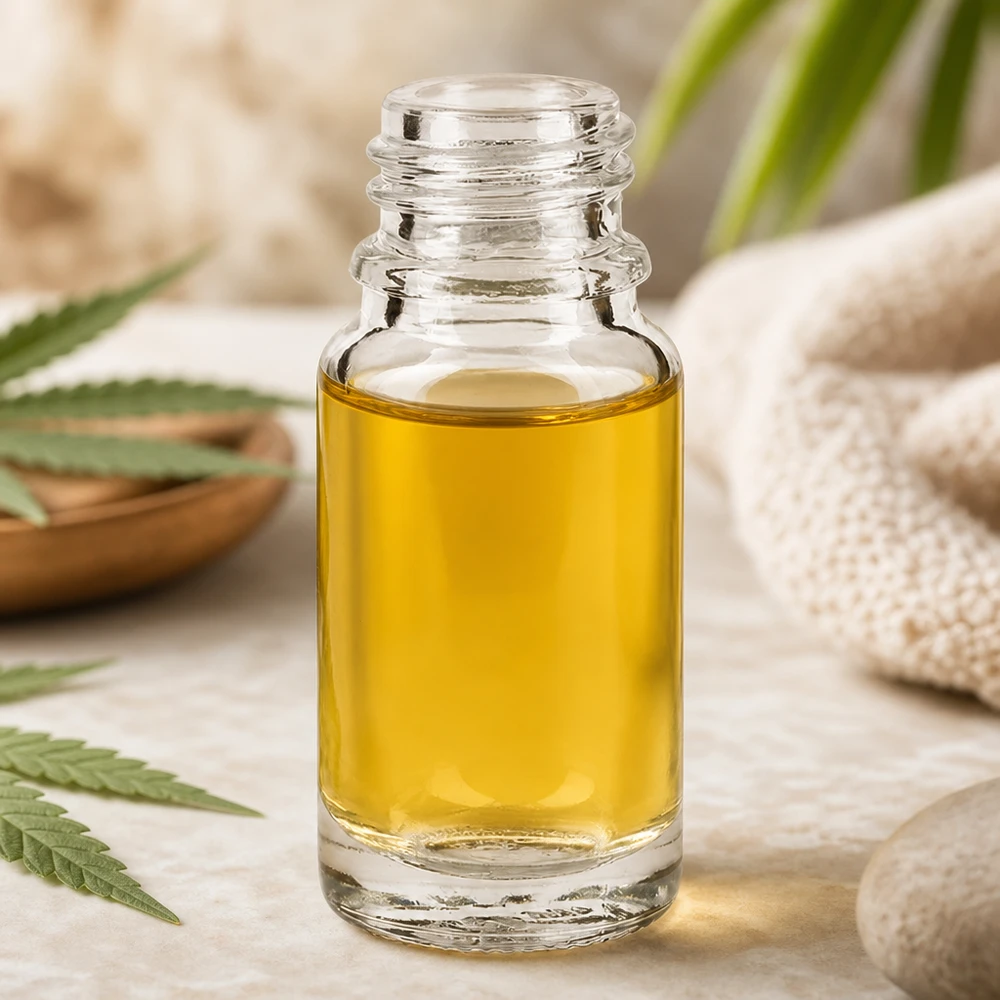 Flacon de pharmacie transparent ClearLine DIN18 de 10 ml contenant de l'huile de CBD jaune sur fond naturel