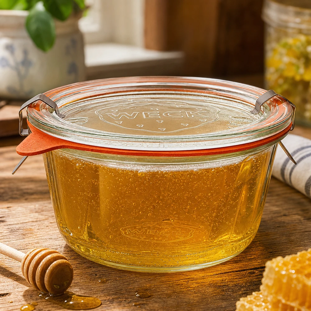 WECK Pot à kouglof 280ml RR100 rempli de miel et fermé à côté du rayon de miel et de la cuillère à miel sur une table en bois