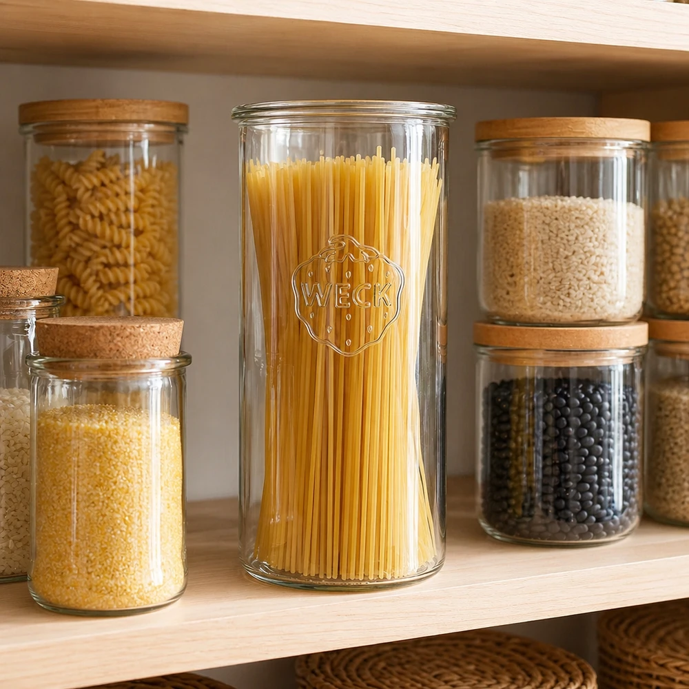 Pot de 1500ml WECK RR100 rempli de spaghettis dans un placard à provisions organisé à côté d'autres bocaux