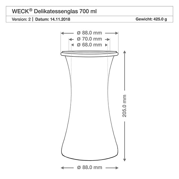Set de 24 bocaux Weck 700 ml bocal pour délicatesses avec couvercle en verre WECK Pot à délicatesse 700ml RR80 dessin technique avec dimensions 88mm diamètre 205mm hauteur spécification du produit