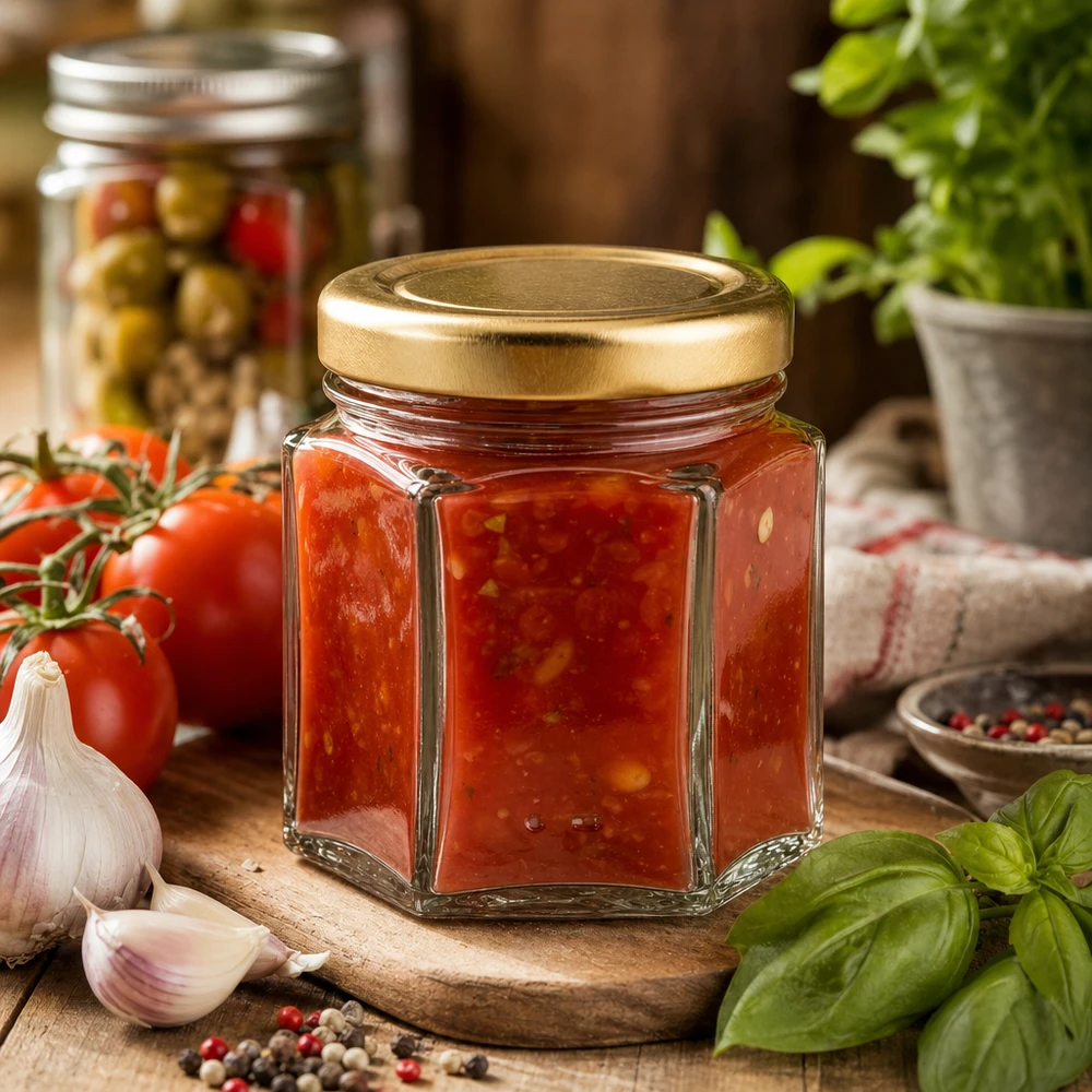 Pot à miel 60 g avec couvercle doré BasicSeal UNiTWIST Pot de miel hexagonal de 60 g rempli de confiture de tomates entouré de tomates fraîches, d'ail et de basilic