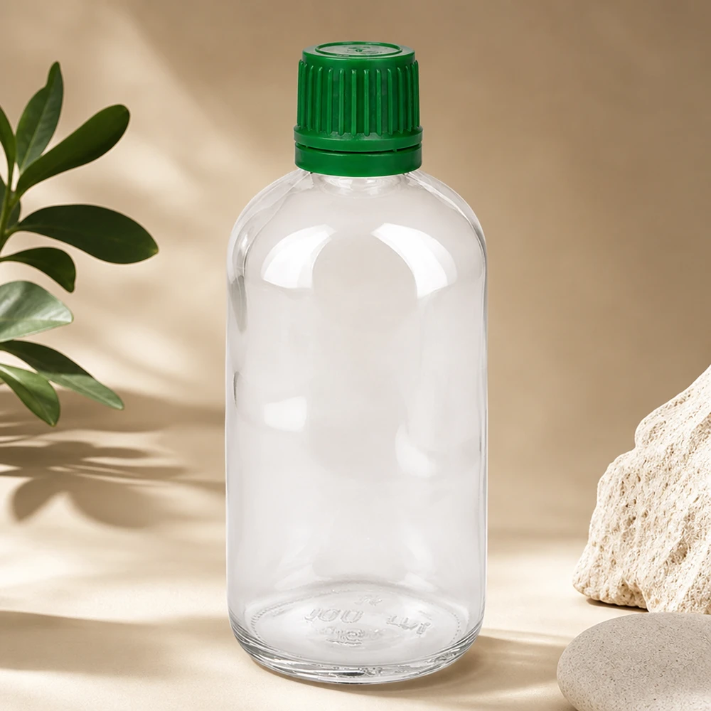 Flacon 100ml 11mm SV vert OV ClearLine UT18/100 Flacon de pharmacie transparent ClearLine de 100 ml avec bouchon vert à sécurité enfant de 11 mm SV OV