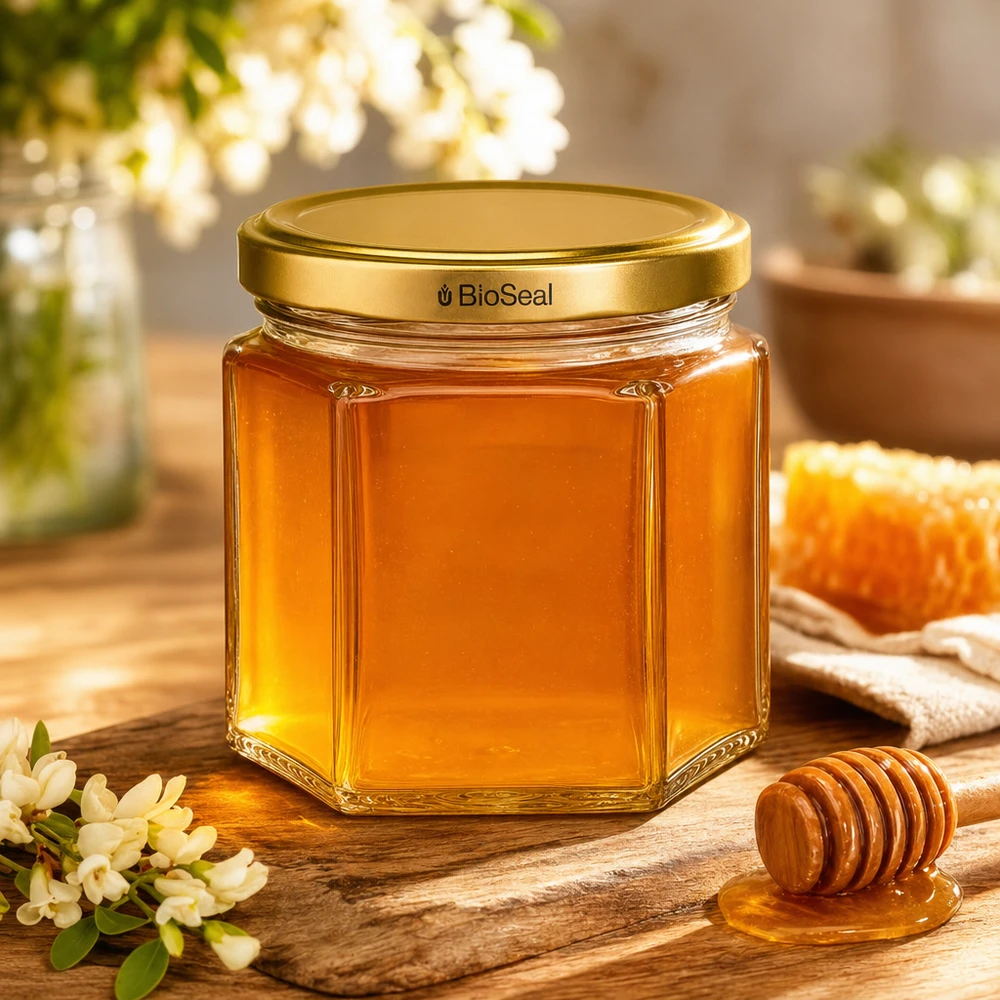 Pot à miel UNiTWIST Hexa47 de haute qualité avec fermeture BioSeal dorée à côté des rayons de miel et de la cuillère à miel