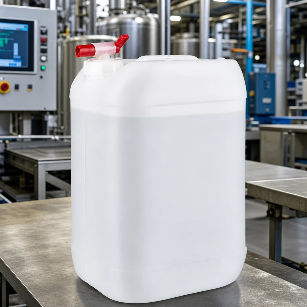 Récipient en plastique de 25 litres, adapté au contact alimentaire, muni d'un robinet rouge pour les liquides