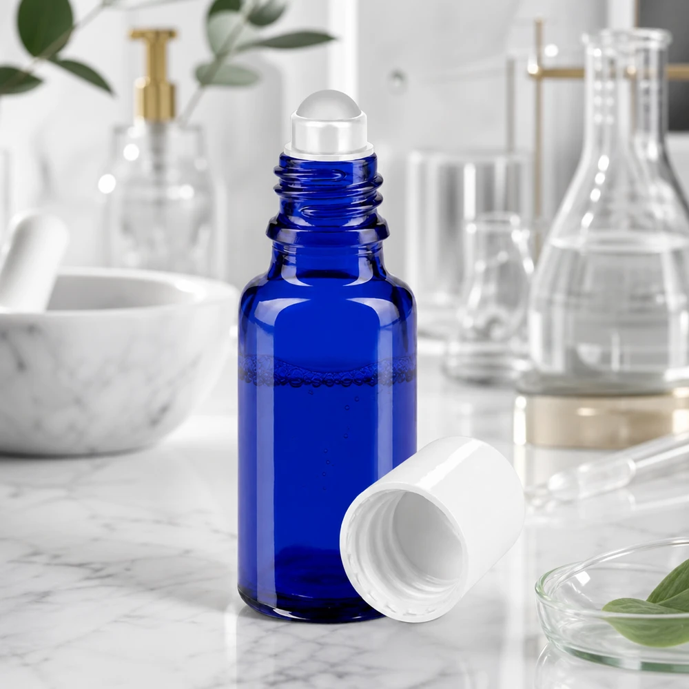 Petite bouteille en verre bleue avec applicateur à bille pour huiles essentielles en milieu de laboratoire