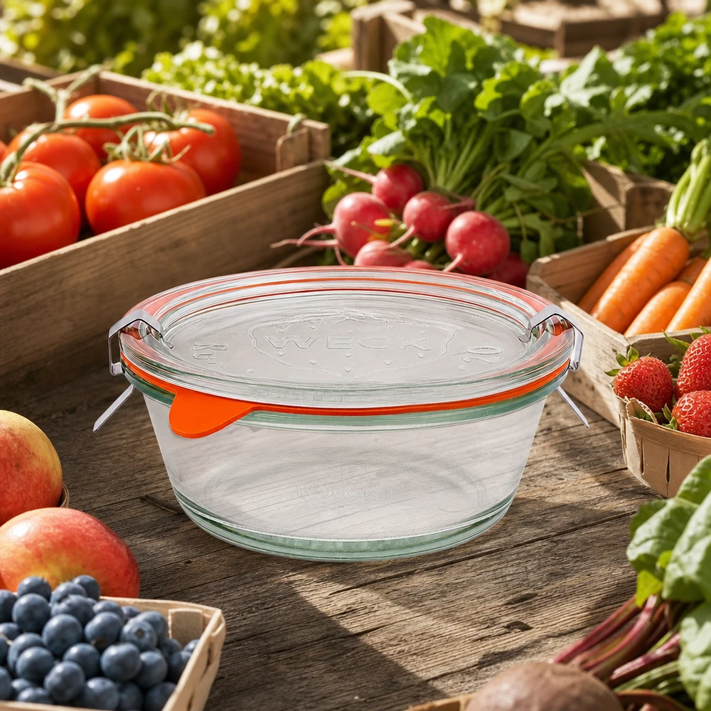 300ml bocal gourmet complet WECK RR120 WECK Bocal Gourmet 300ml RR120 entouré de légumes frais du marché dans des caisses en bois, conservation durable du verre