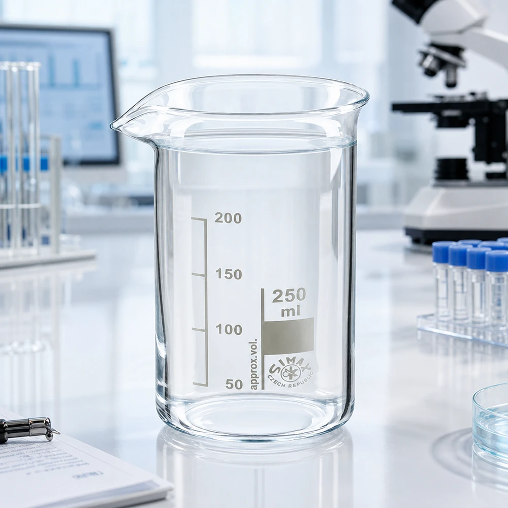 Bécher 250ml en verre borosilicate résistant à la chaleur (forme haute) Bécher de 250 ml, modèle haut, en verre borosilicaté, posé sur une paillasse blanche à côté d'un microscope et de tubes à essai