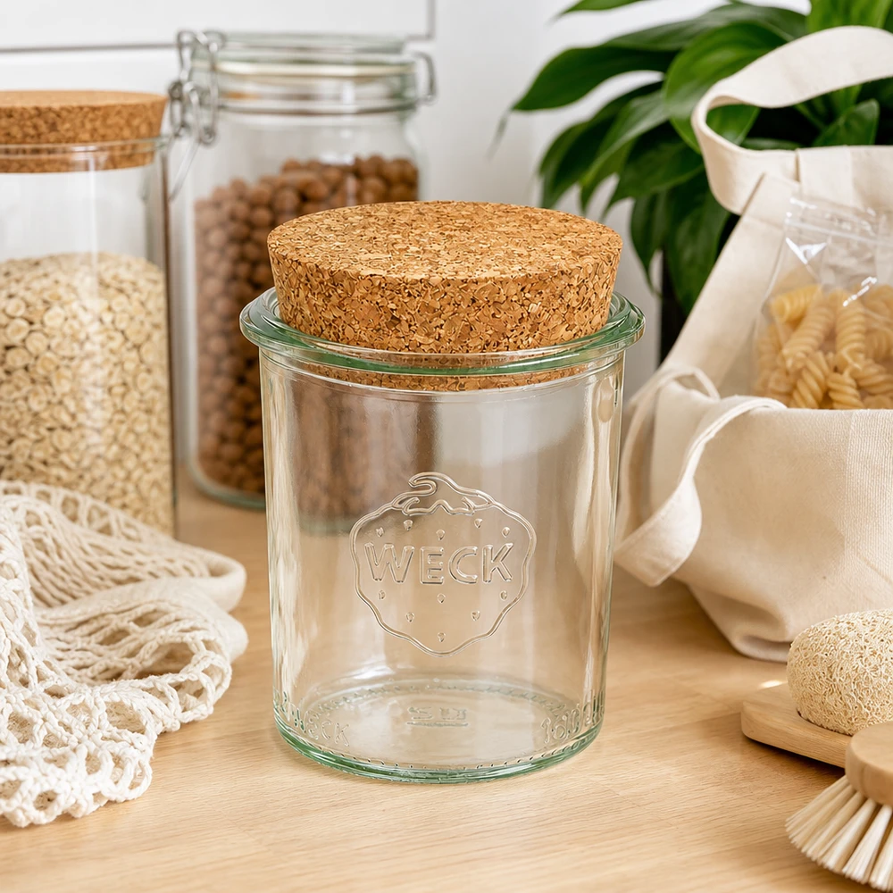 160ml bocal conique WECK RR60 avec bouchon nature WECK Bocal à provisions 160ml RR60 avec couvercle en liège dans la cuisine durable Zero-Waste entre les bocaux à provisions et les textiles naturels