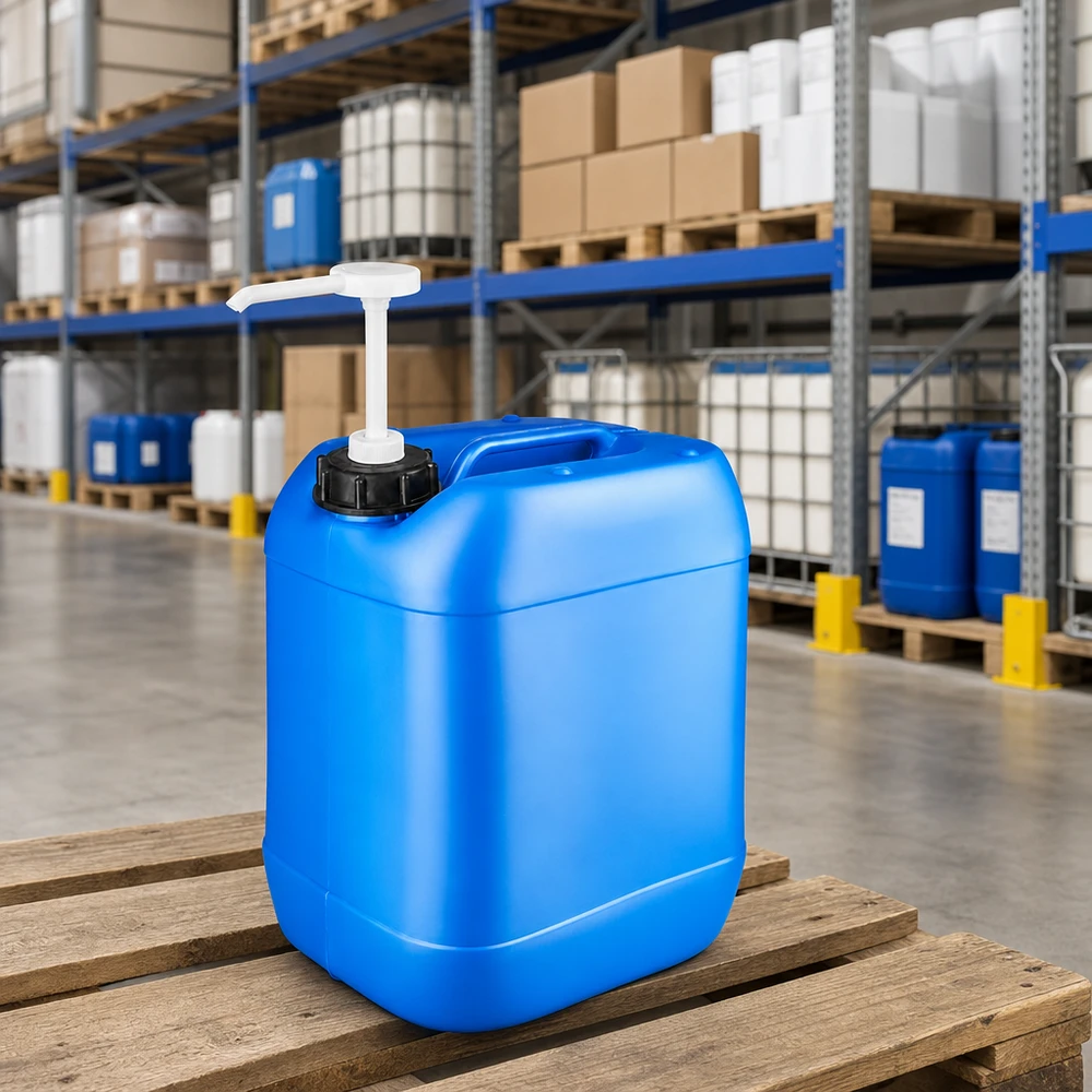 Bidon en PEHD de 20 litres, bleu, avec pompe de prélèvement blanche, dans le local de stockage des produits chimiques