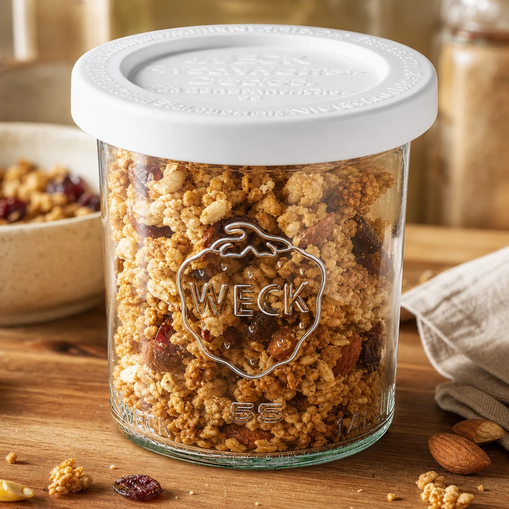 WECK Pot renversé 140ml RR60 rempli de céréales et de noix - pot de conservation polyvalent pour aliments secs