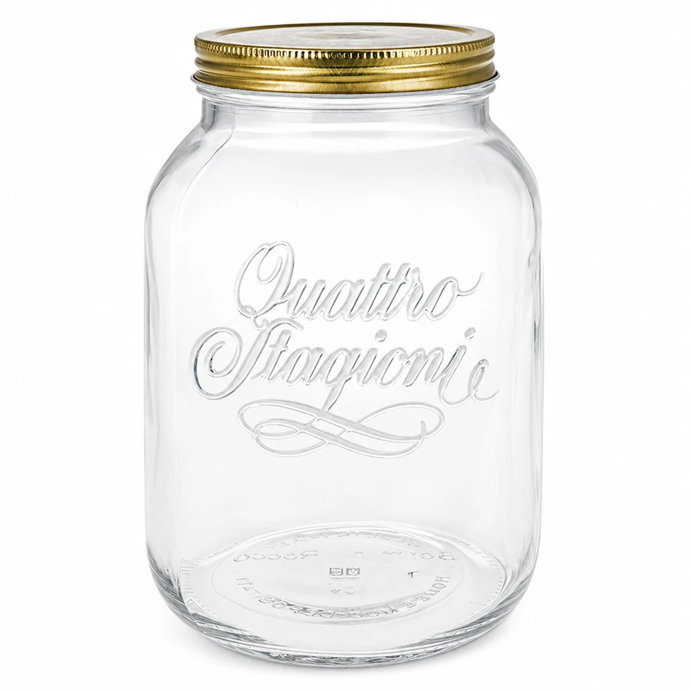 Verre rond vide Quattro Stagioni de 3000 ml avec couvercle à visser doré et logo en relief sur fond blanc