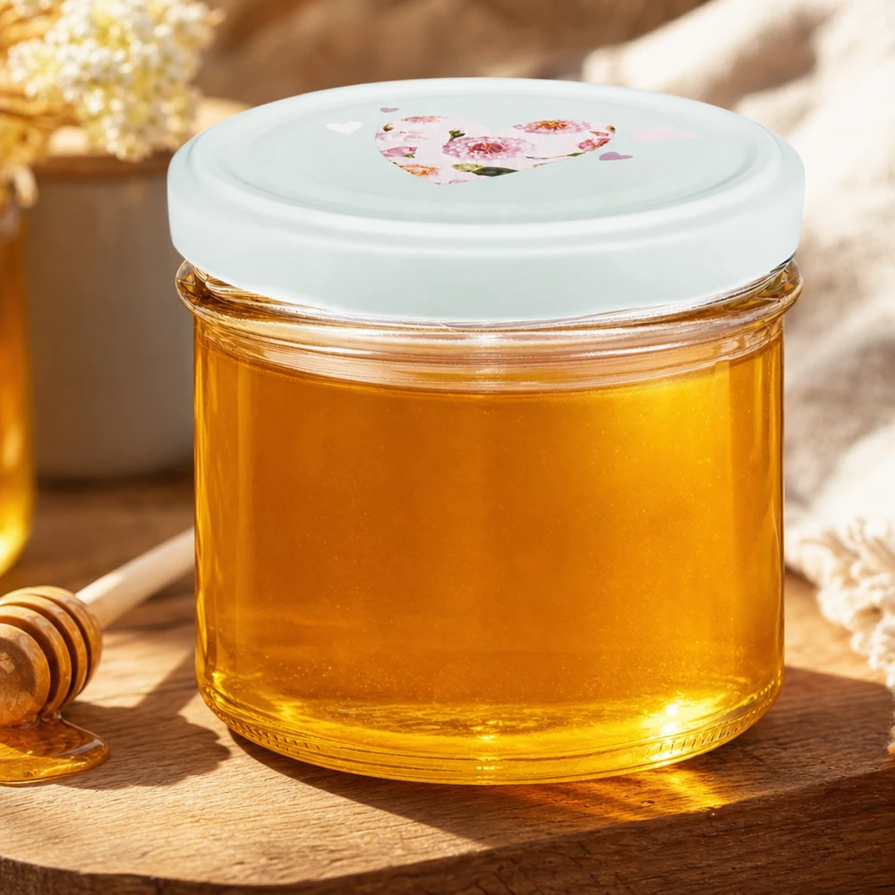 Verres de 225 ml + couvercle BasicSeal cur menthe UNiTWIST 225ml verre à pied menthe BasicSeal couvercle en forme de coeur rempli de miel jaune doré sur table en bois avec cuillère à miel