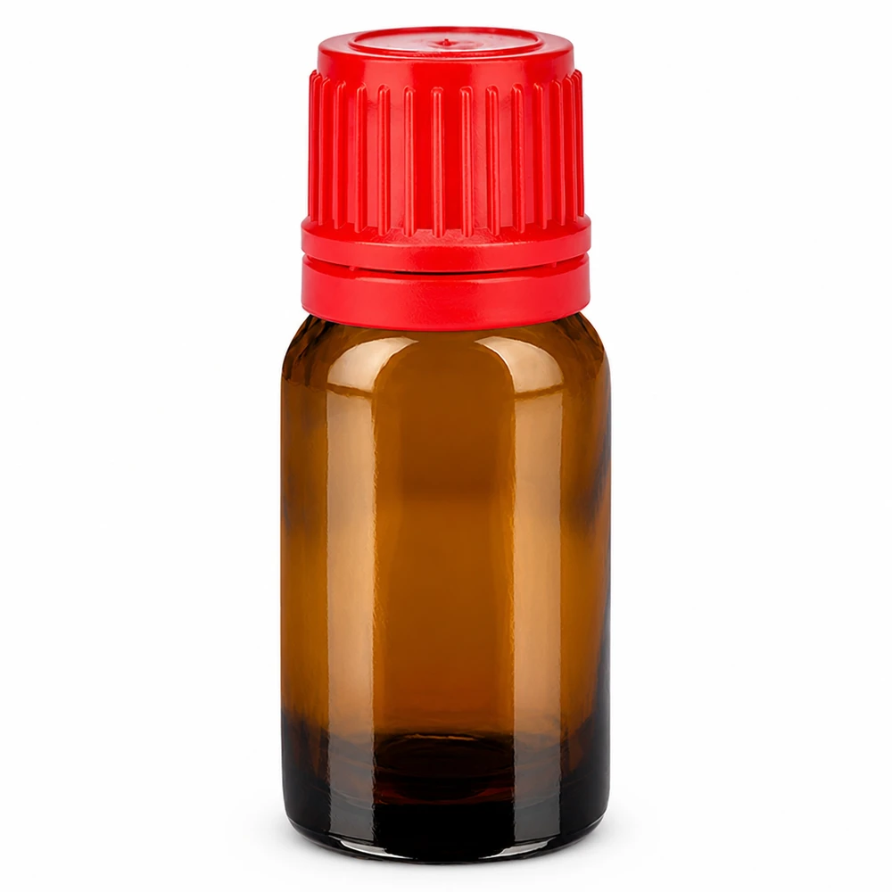 Flacon 10ml 11mm SV rouge OV BrownLine UT18/10 Flacon compact de 10 ml en verre brun anti-UV avec bouchon rouge à l'épreuve des enfants