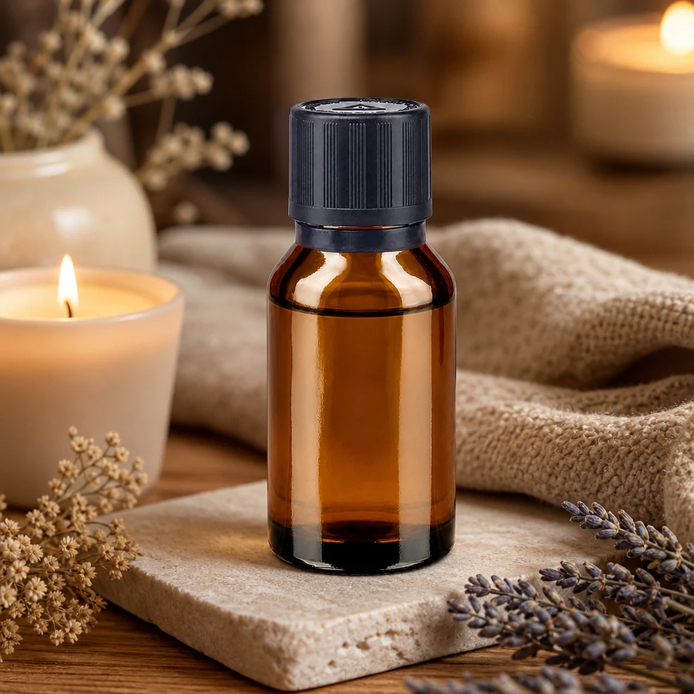 Flacon de pharmacie compact de 15 ml en verre ambré, muni d'un bouchon à vis à l'épreuve des enfants reposant sur une pierre naturelle