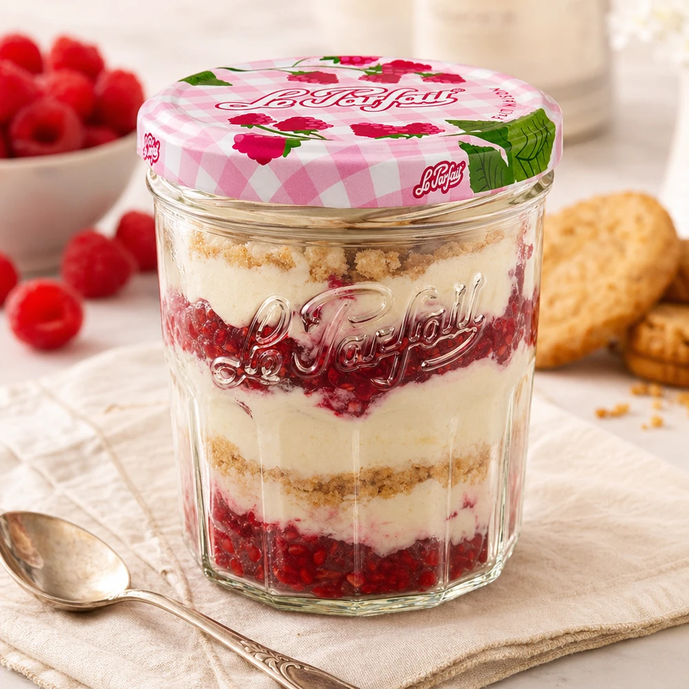 Verre renversé Le Parfait de 324 ml avec dessert aux framboises et au mascarpone et couvercle décoratif à visser à côté d'une cuillère et de biscuits