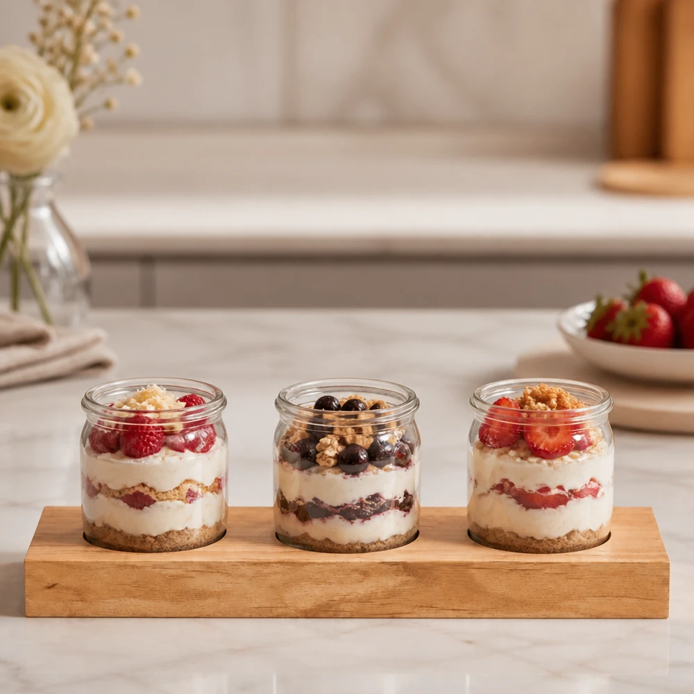 Planche de service Plano3 avec trois verres WECK remplis de yaourts à dessert et de baies sur un comptoir de cuisine en marbre