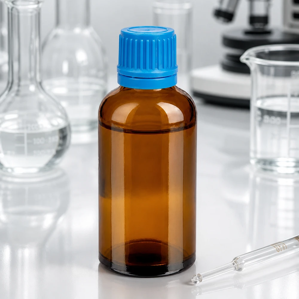 Flacon 50ml 11mm SV bleu OV BrownLine UT18/50 Flacon pharmaceutique de 50 ml avec verre brun anti-lumière et bouchon bleu à l'épreuve des enfants