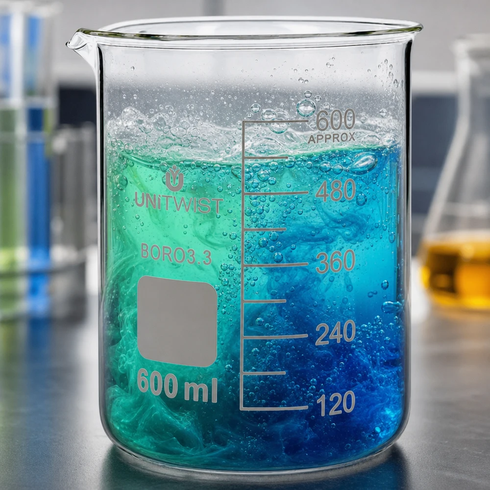 Bécher en verre borosilicaté UNiTWIST de 600 ml avec revêtement multicouche bleu-vert