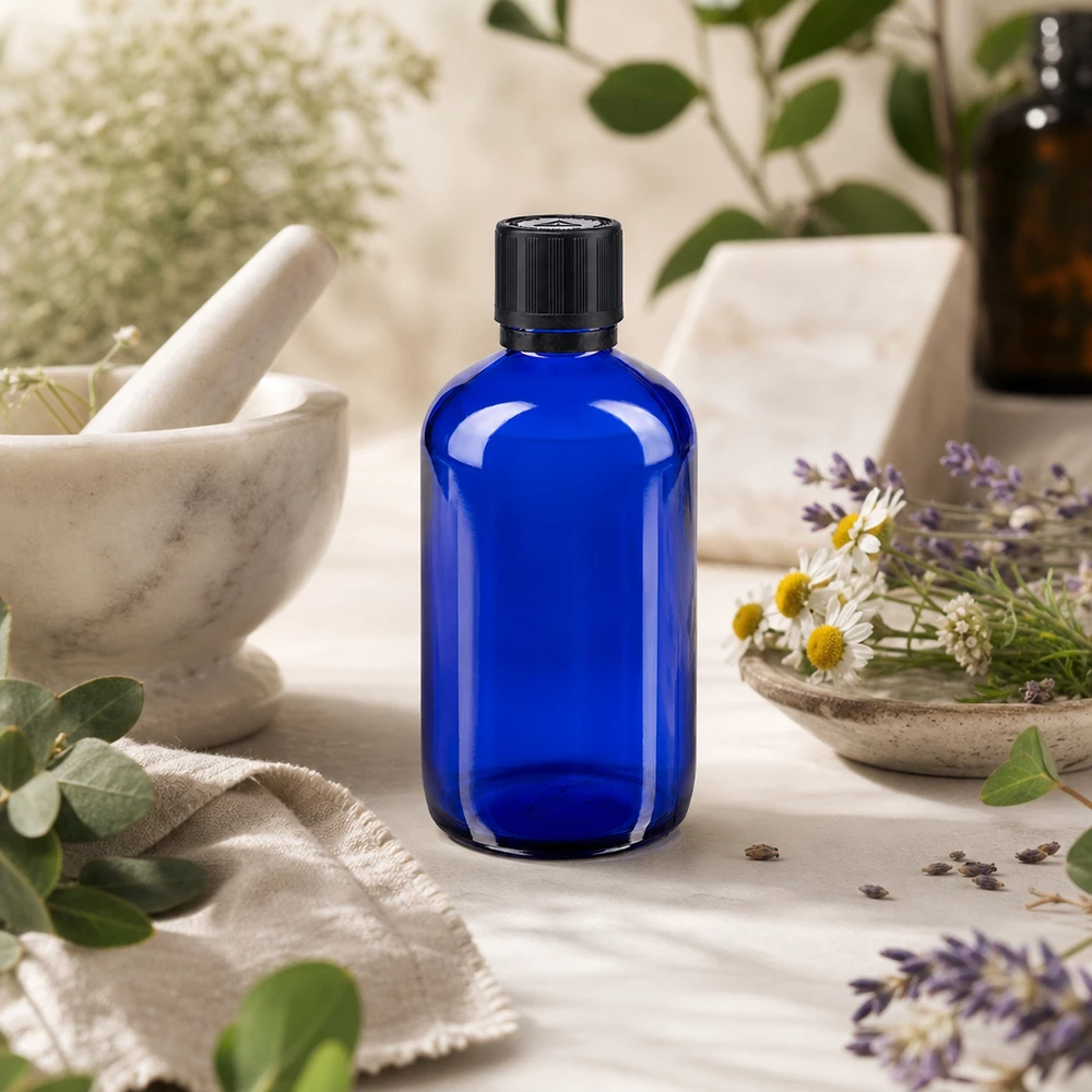 Flacon en verre d'apothicaire bleu cobalt de 100 ml, muni de son bouchon d'origine à sécurité enfant, dans un décor naturel à base de plantes