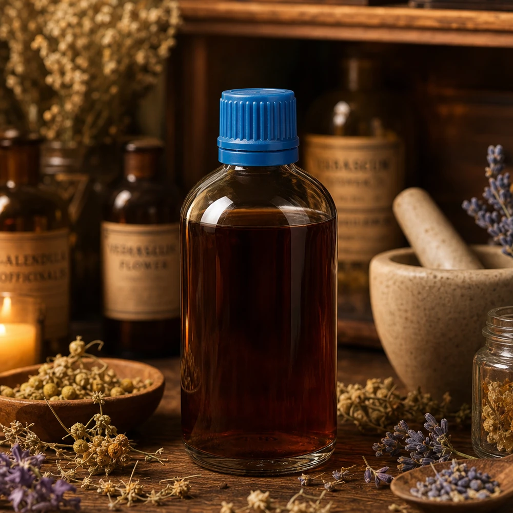 Flacon en verre ClearLine UT18 brun de 100 ml avec bouchon bleu, entre des herbes médicinales et un mortier