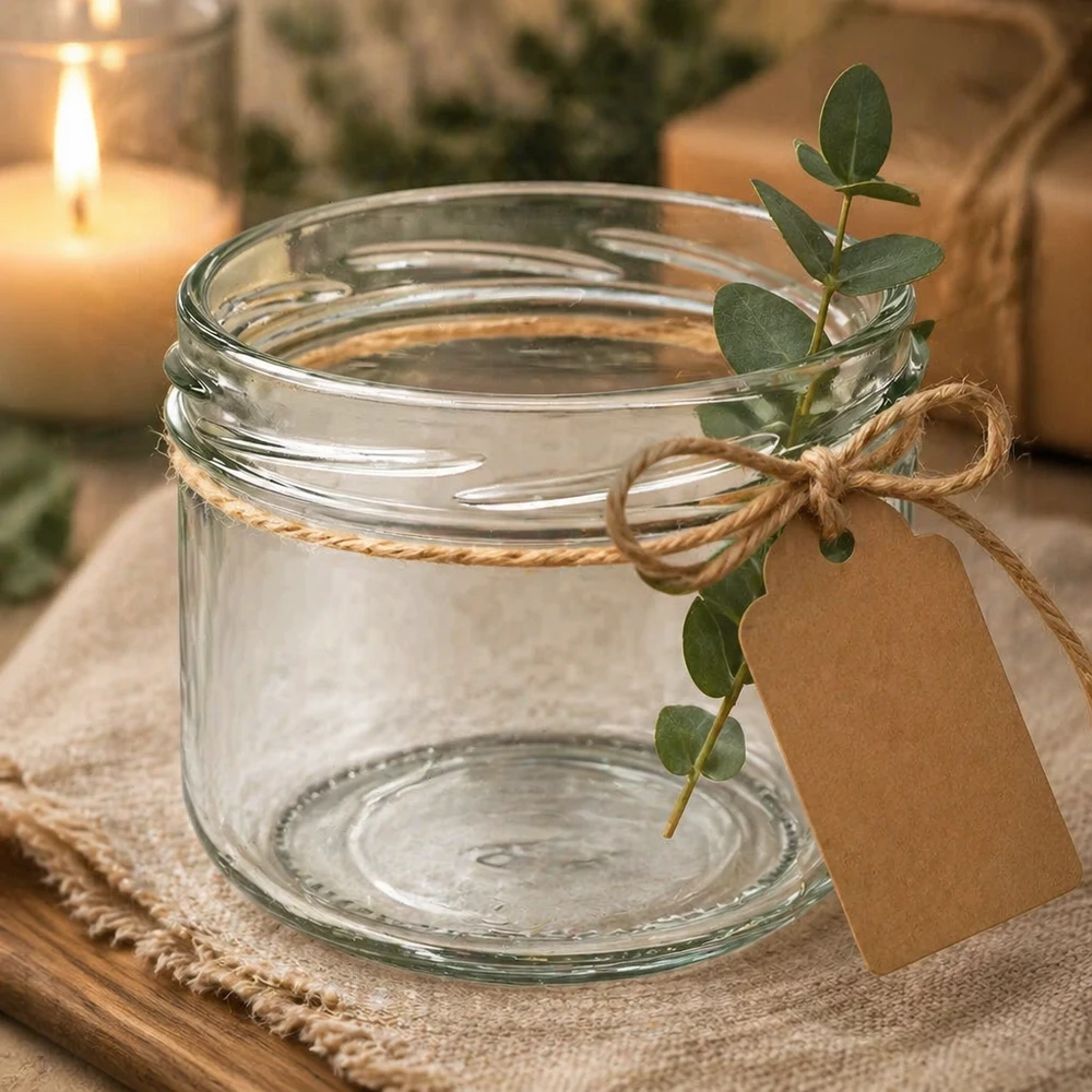 260ml Verre conique sans couvercle (TO82) UNiTWIST UNiTWIST Sturz260 Pot rond 260ml TO82 Pot de conserve vide avec étiquette en ruban de jute et décoré d'eucalyptus