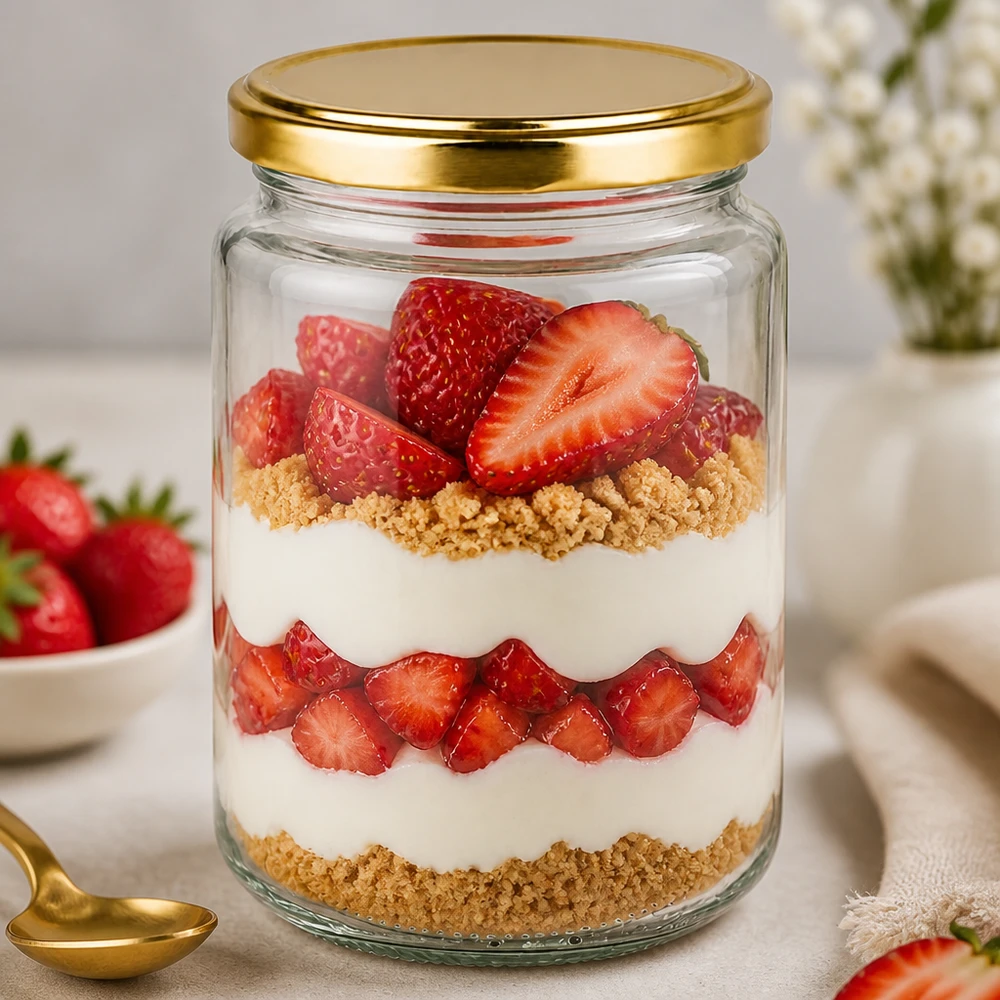 Verre rond de 382 ml avec couvercle doré comme verre à dessert avec des fraises et des miettes de biscuits dans une cuisine élégante