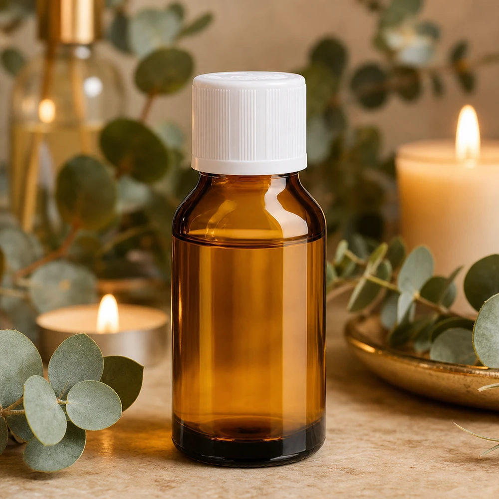 Flacon de pharmacie brun de 15 ml avec bouchon blanc à sécurité enfant pour huiles essentielles