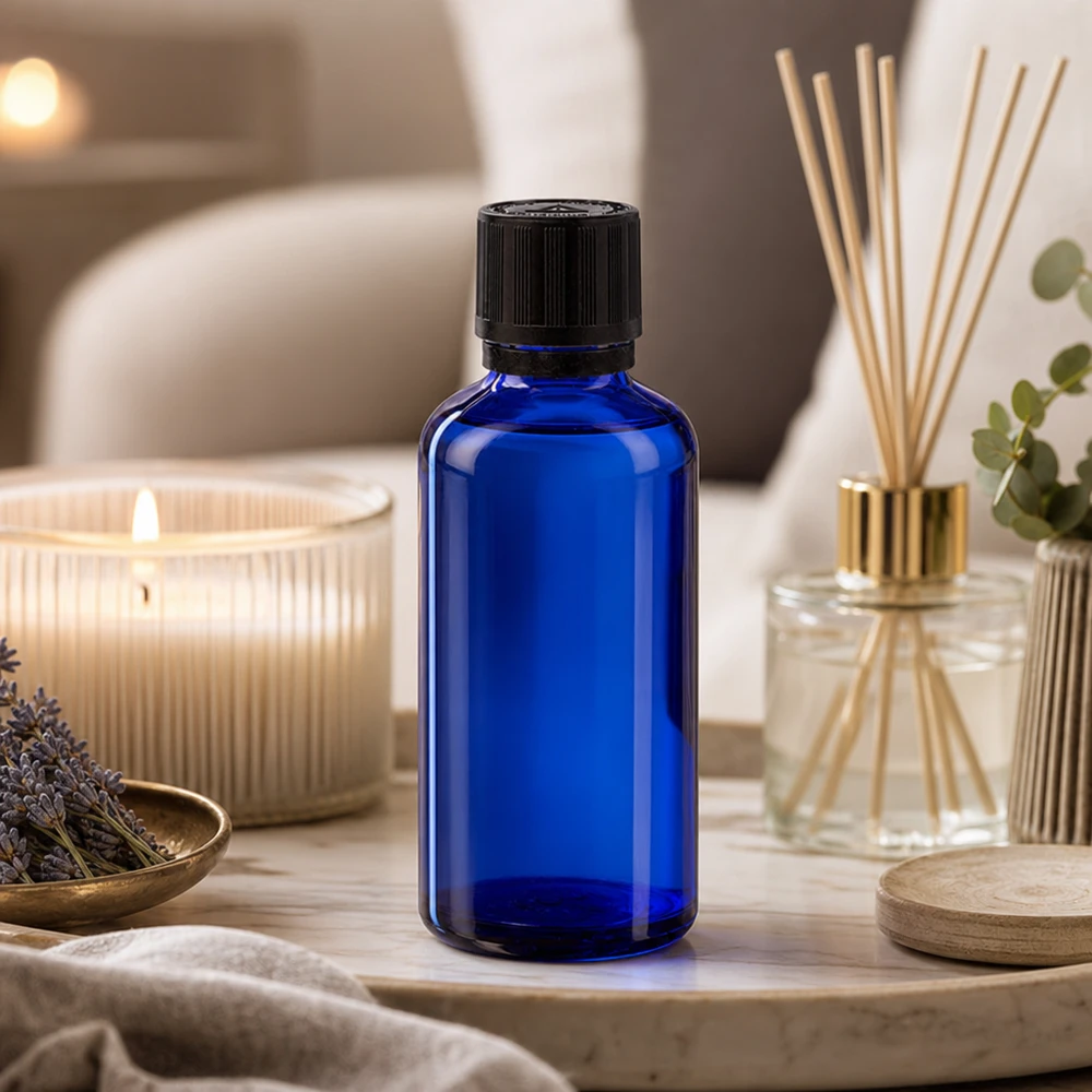 Flacon en verre bleu de 50 ml avec compte-gouttes de 1 mm, à côté d'un diffuseur de parfum d'ambiance et d'une bougie, dans une ambiance bien-être