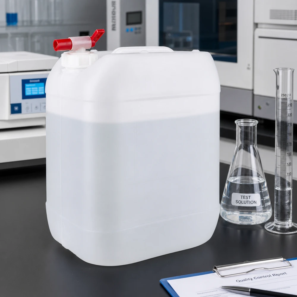 Un bidon robuste en PEHD de 20 litres à côté d'un flacon d'Erlenmeyer et d'une éprouvette graduée dans un laboratoire