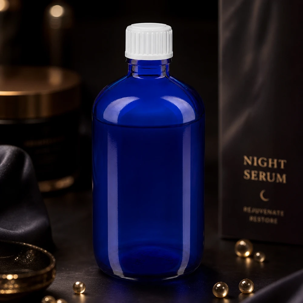 Flacon en verre bleu STD de 100 ml avec bouchon blanc, à côté de l'emballage du sérum de nuit, sur un fond sombre