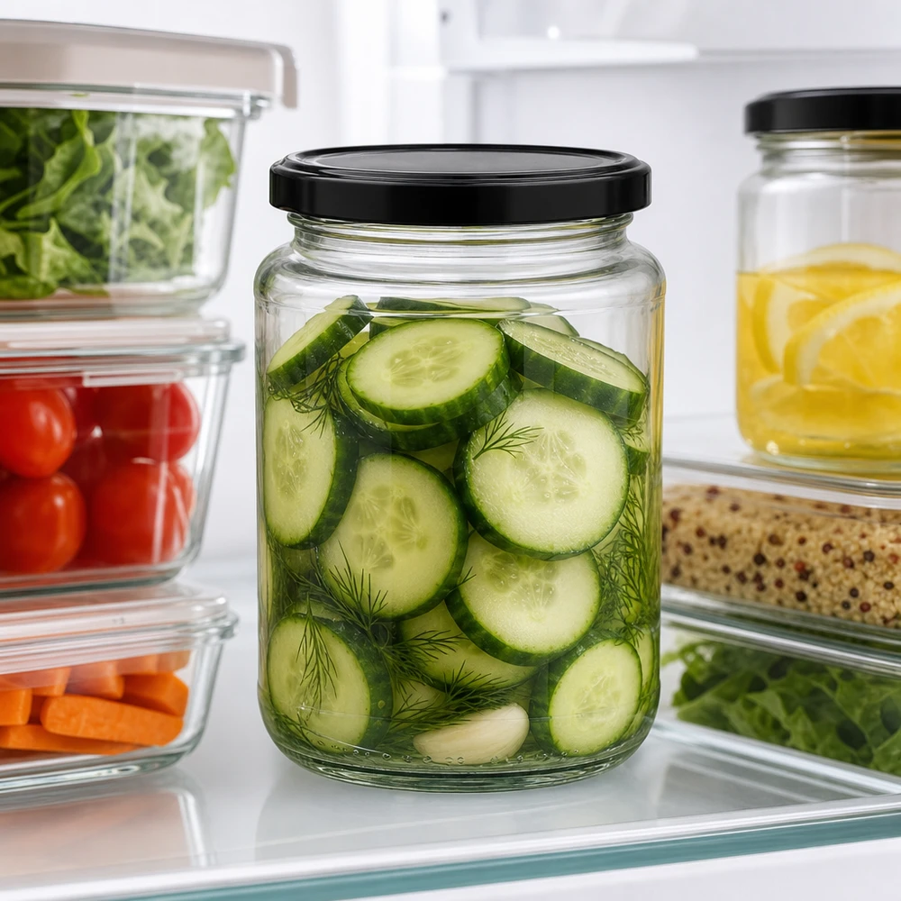 382ml Verre rond BasicSeal noir avec tranches de cornichons marinées Aneth dans le réfrigérateur à côté des récipients de stockage