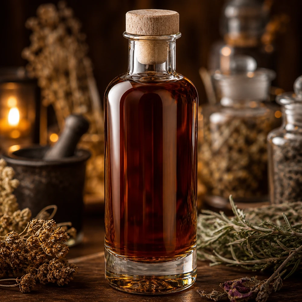 Bouteille Ella » avec bouchon en bois UNiTen verre 200 ml « WIST® 200ml Glasflasche Ella mit Holzkorken gefüllt mit braunem Elixier in rustikaler Alchemisten-Atmosphäre mit Kräutern