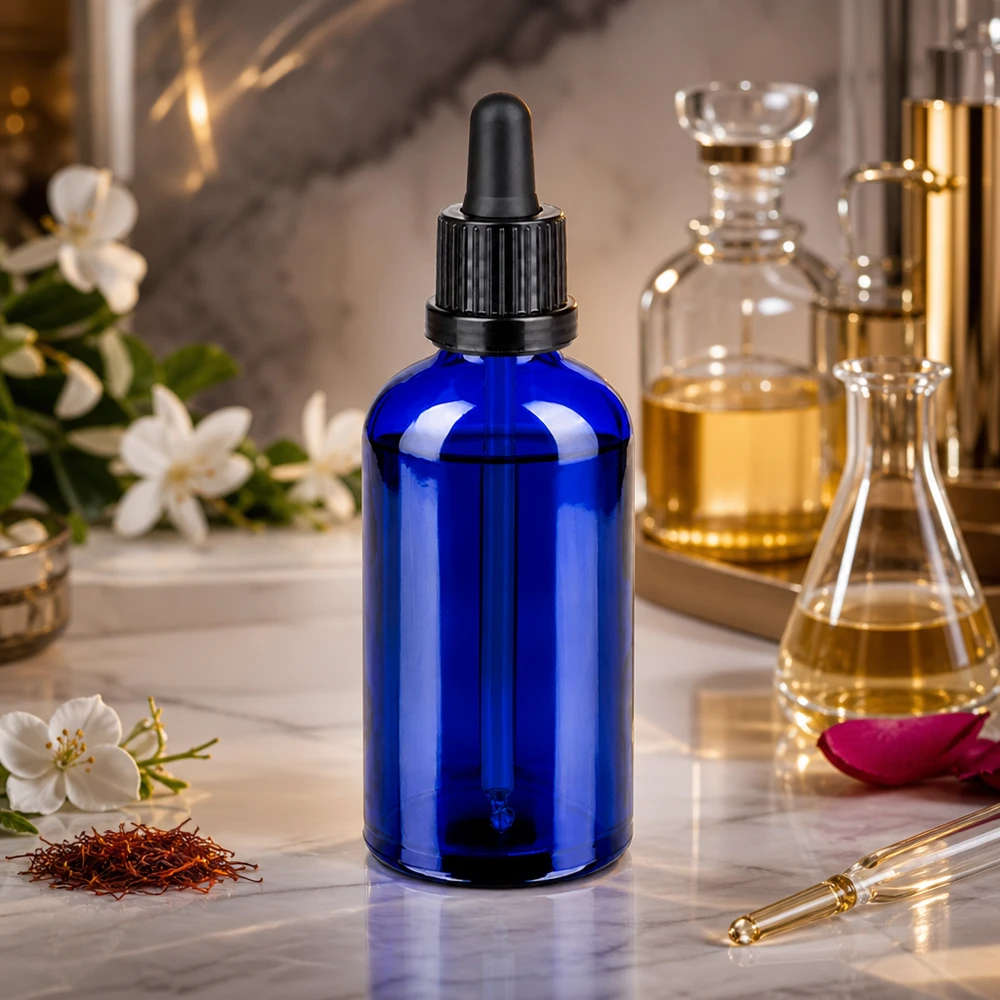 Flacon à pipette 100ml noir OV BlueLine UT18/100 Flacon compte-gouttes de 100 ml en verre bleu, protégé de la lumière, avec système de dosage professionnel