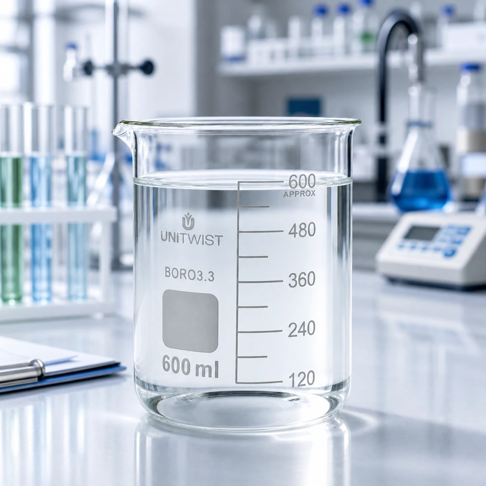 Bécher 600ml borosilicate, forme basse UNiTWIST Verre à bec UNiTWIST de 600 ml, en verre borosilicaté résistant à la chaleur, pour les expériences de laboratoire en chimie