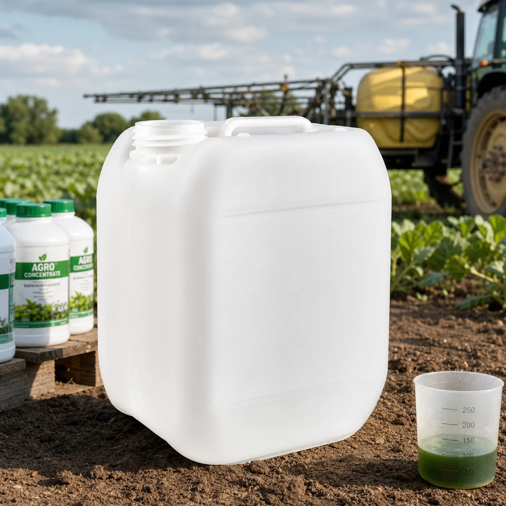 Bidon en plastique blanc de 5 litres sans bouchon, posé sur un champ, avec un pulvérisateur agricole en arrière-plan